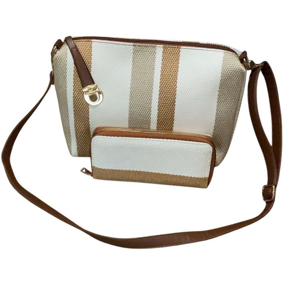 2pc Set Canvas Crossbody & Wallet Cream Beige Brown tan woven stripe equestrian